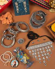 Rakshabandhan gift hamper Silver edition with oxidised choker necklace set - Naman Arts